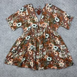 O'Neill Dress Womens Medium Brown Floral Rosemary Boho Short Sleeve Summer